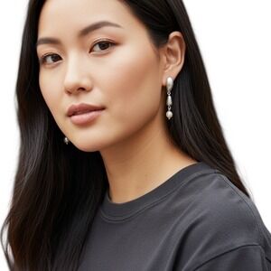 Hashtag Women's Drop Earrings Silver Tone‎ Pearl Accent Dangle Earrings New